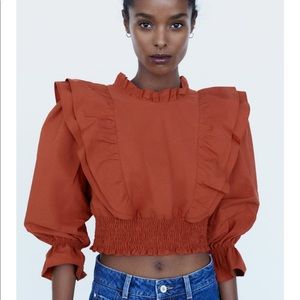 Zara Rust Ruffle-Trim Smocked Waist Blouse